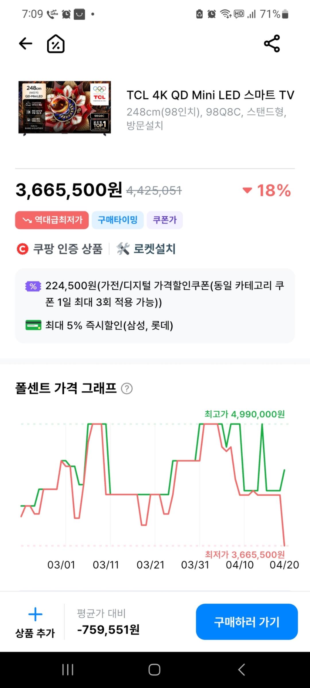 Screenshot_20260420_191613_Photos.jpg [Coupang] TcL 85q8c (2.254.050 KRW) (Miễn phí)