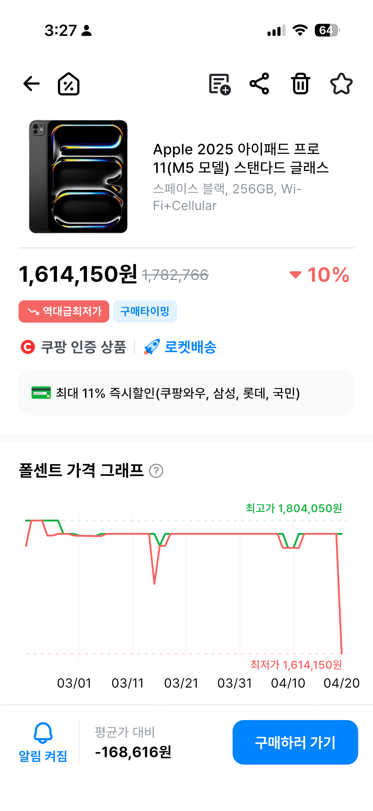 IMG_9210.png [Coupang] iPad Pro M5 Cellular 256 (Lotte, Samsung, Kookmin) (1.468.870 KRW) (Rocket Delivery)