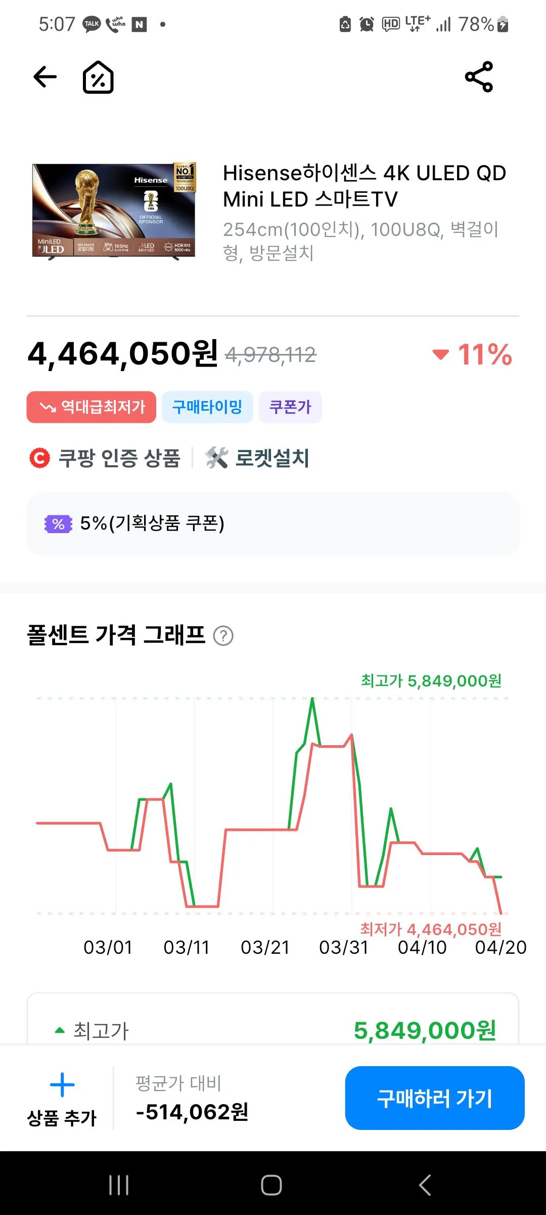 Screenshot_20260420_170710.jpg [쿠팡] 하이센스 100인치 4k 100u8q 벽걸이 (4,464,050원) (무료)