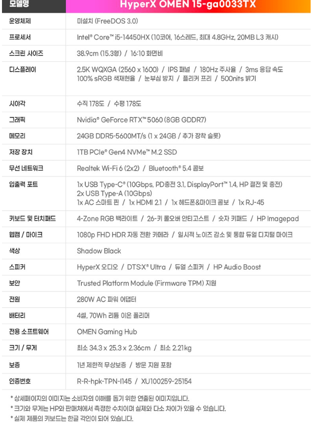 image.png [쿠팡] HP 오멘15 I5-14450*5060*RAM24GB*1TB 15-ga0033TX FREE DOS (1,452,680원) (무료)