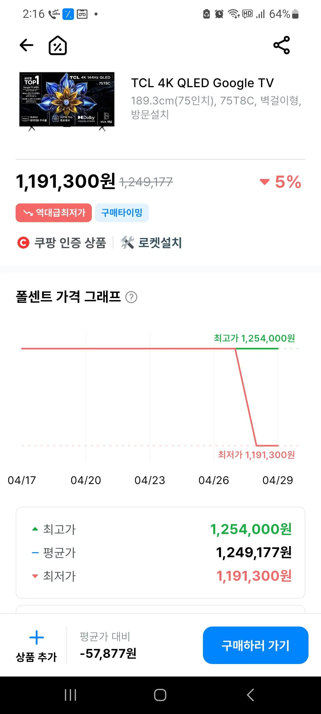 KakaoTalk_20260429_141654263_01.jpg [쿠팡] TCL 75T8C MINI LED TV (1,191,300원) (무료)