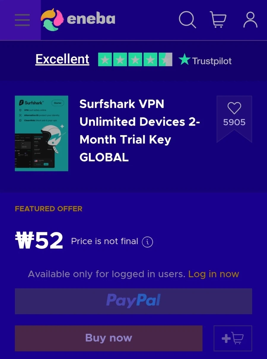 [eneba] Surfshark VPN 2개월 52원 (수수료 포함 약 740원)_1.webp