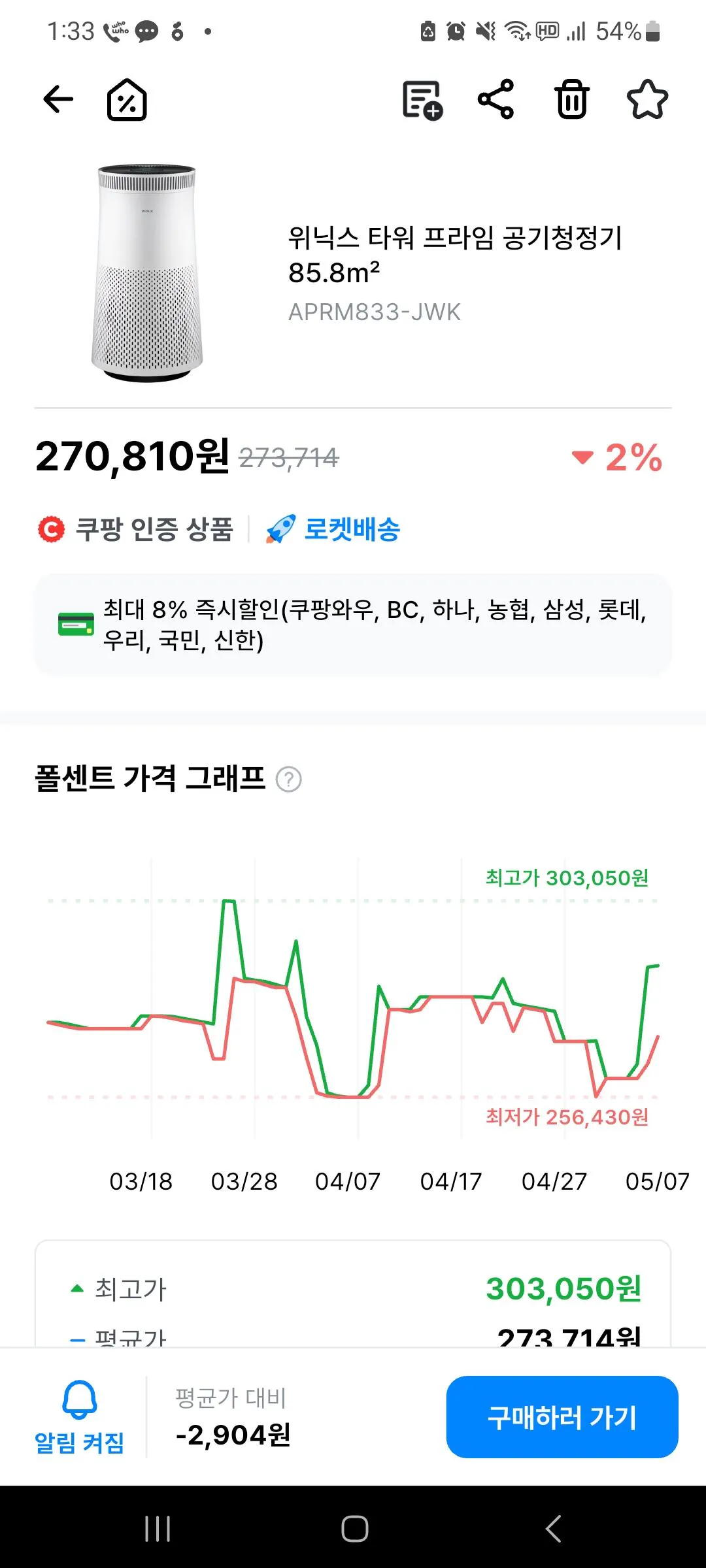 KakaoTalk_20260507_133336602_01.jpg [Coupang] Máy lọc không khí Winix Tower Prime 85.8 (251.850 won) (Miễn phí)
