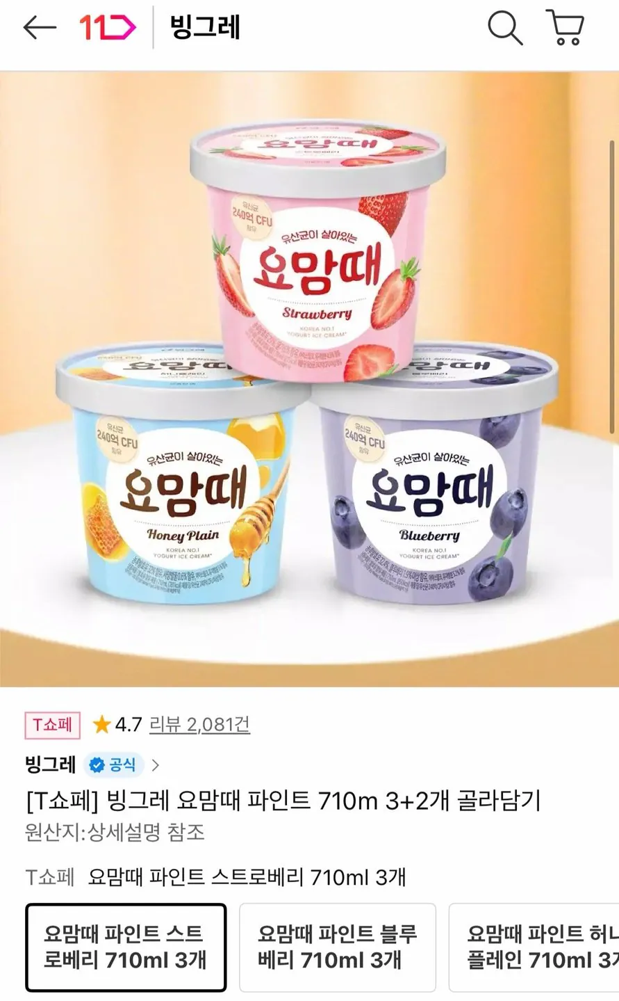 [11번가] 빙그레 요맘때 파인트 710ml 5개