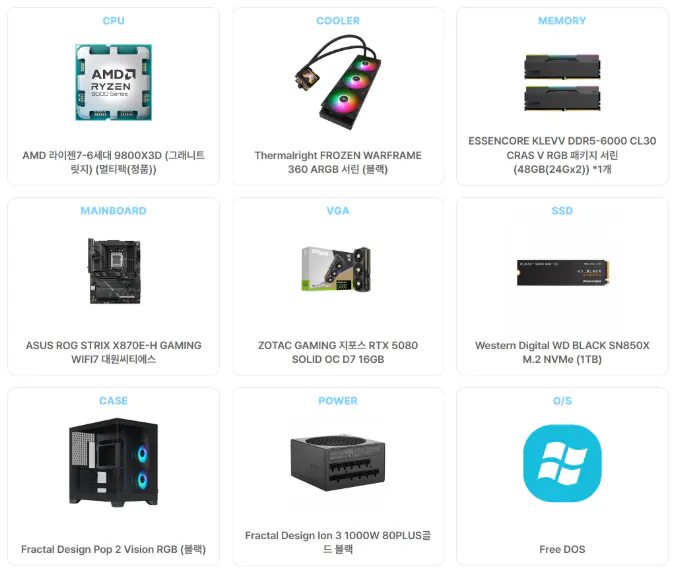 image.png [11번가] 서린컴퓨터 AMD 9800X3D_RTX5080_RAM 48GB_팝 비전 2 블랙 조립PC (4,292,410원) (무료)