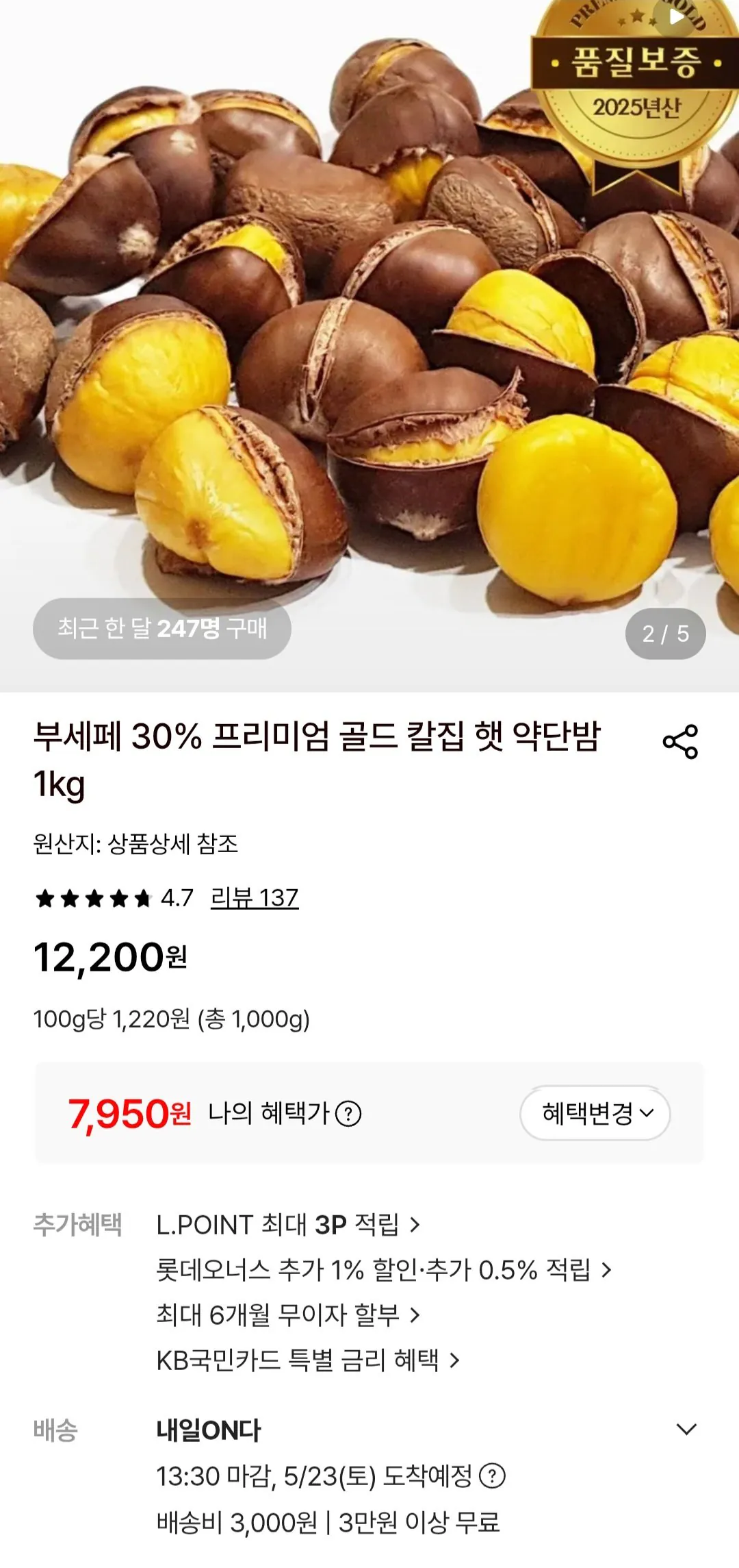 [롯데온] 칼집 햇 약단밤 1kg (7,950원) (3,000원)