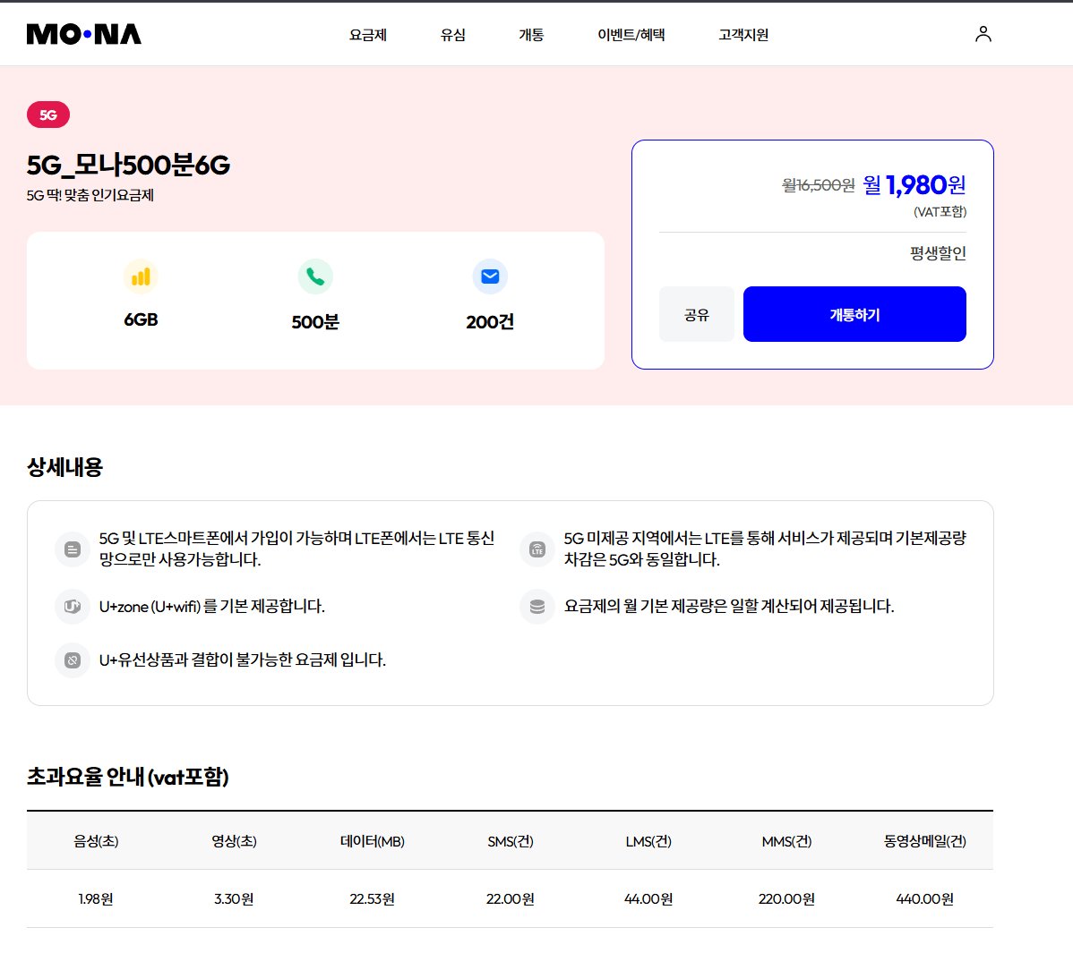 123.png [모나] 5G 6기가 500분 200건 평생할인 LG망 (1,980원) (무배)