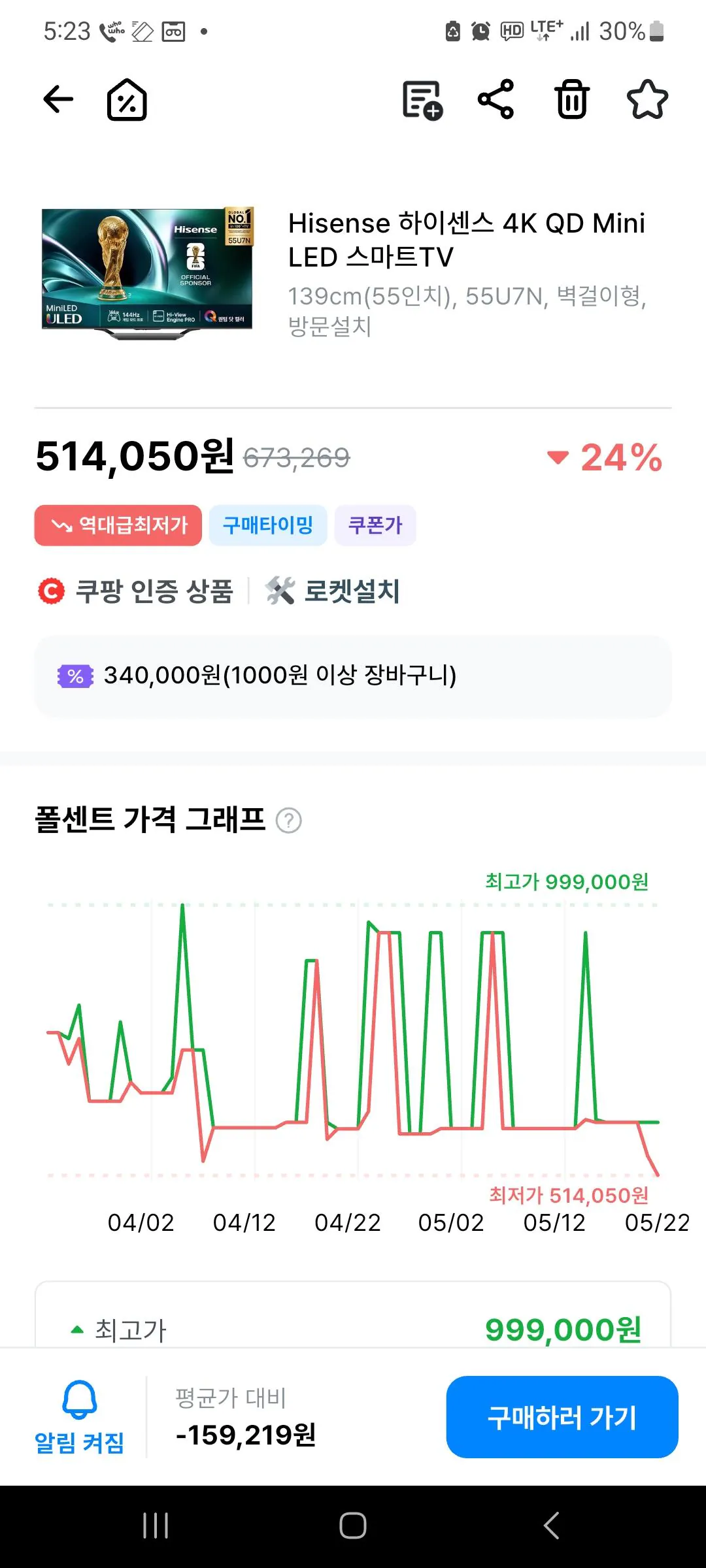 Screenshot_20260522_172344.jpg [쿠팡] 하이센스 55u7n 55인치 uhd tv (514,050원) (무료)