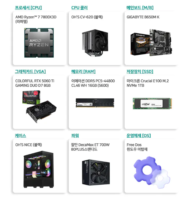 image.png [11번가] 7800X3D RTX5060Ti 16G 1TB(QLC,디램X) (1,392,590원) (무배)