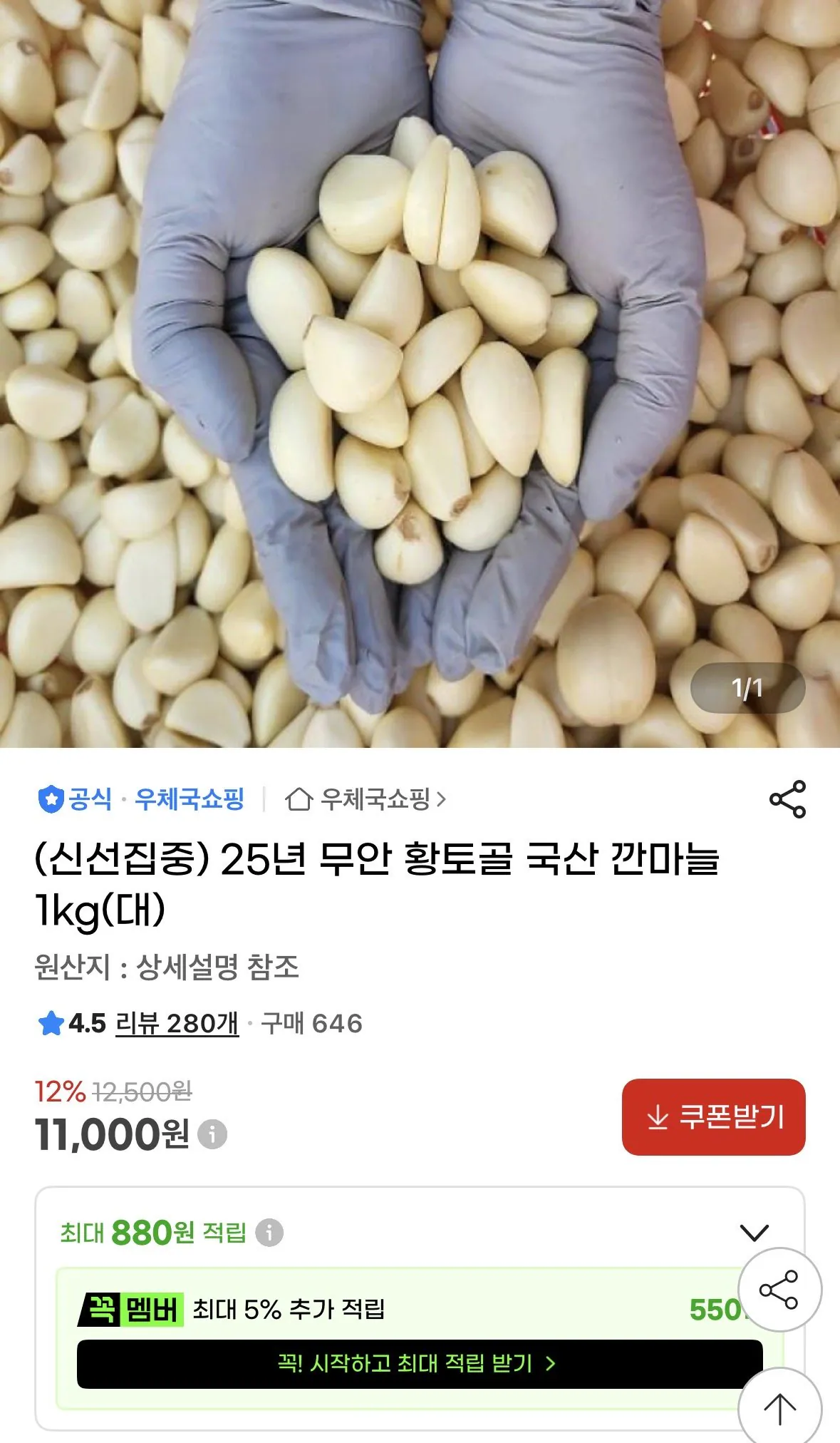 [G마켓] 국내산 깐마늘 대 1kg