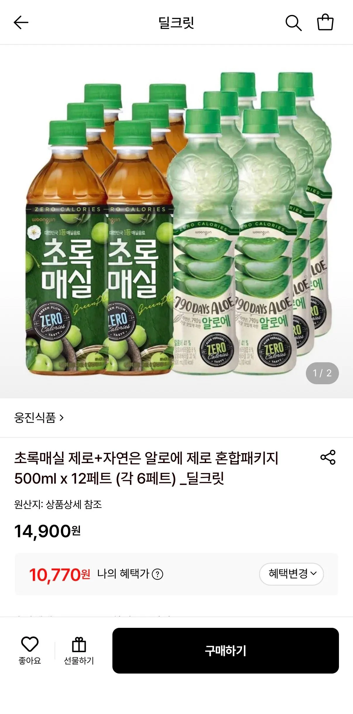 [Lotte On] Green Plum Zero 500ml 6 PET + Aloe Zero tự nhiên 500ml 6 PET (10.770 KRW) (Miễn phí)
