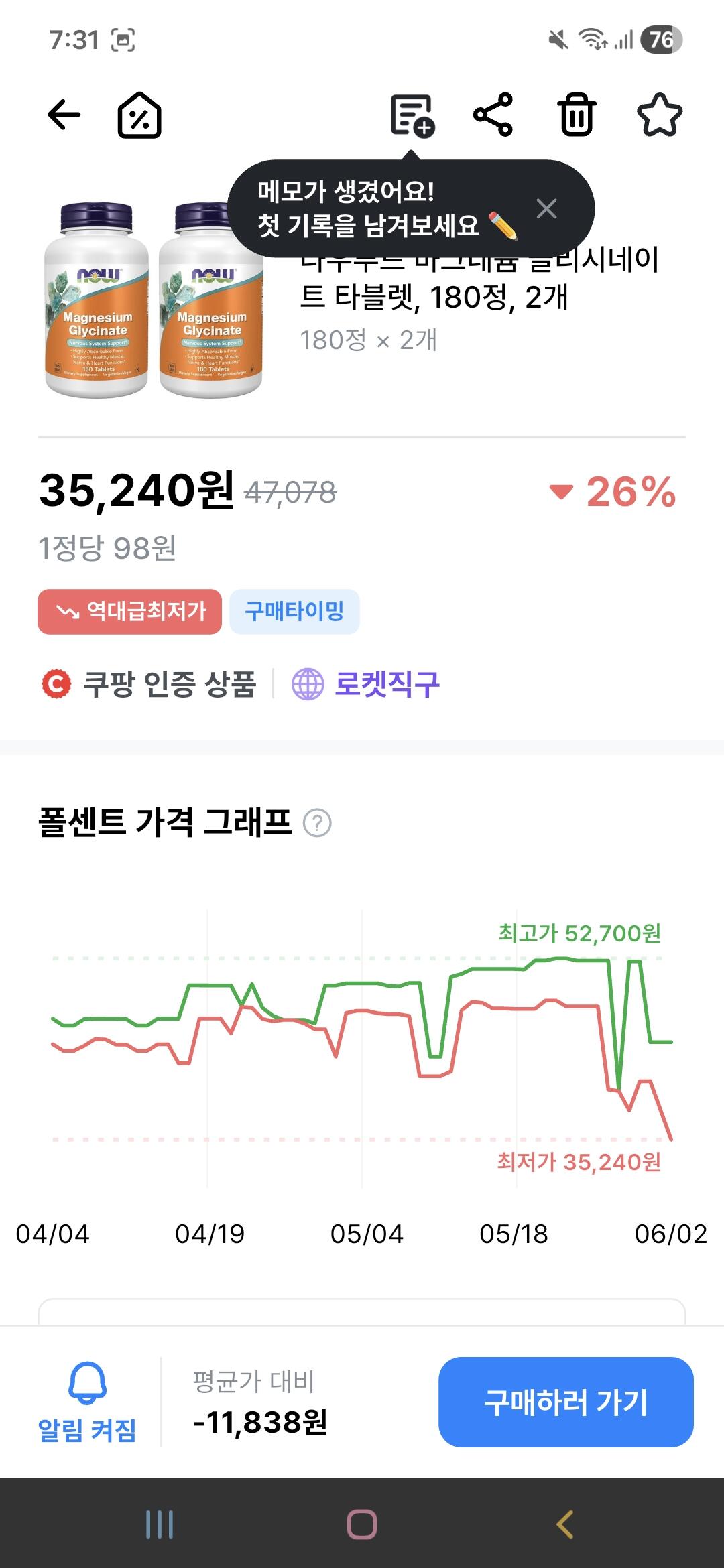 [쿠팡] 나우푸드 마그네슘 글리시네이트 180정 2 (35,240원) (무료)
