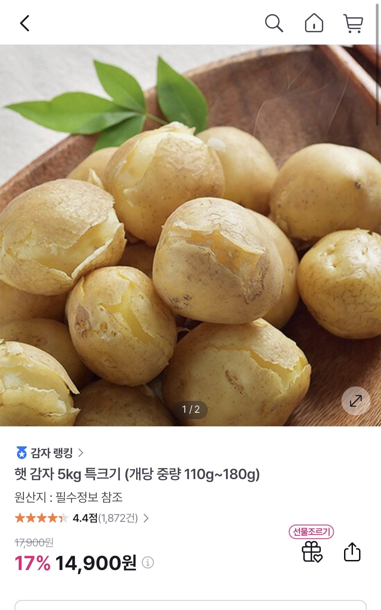 [GS샵] 햇 감자 5kg 특크기 (개당 중량 110g~180g) (11,900원) (무료)