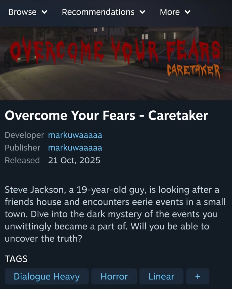 [스팀] Overcome Your Fears - Caretaker (무료/무료)_1.webp
