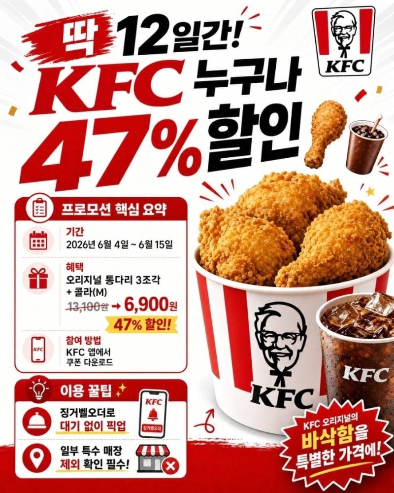 [KFC] KFC 오리지널통다리3조각+콜라 47%할인 ~6/15까지 (6,900원) (무료)
