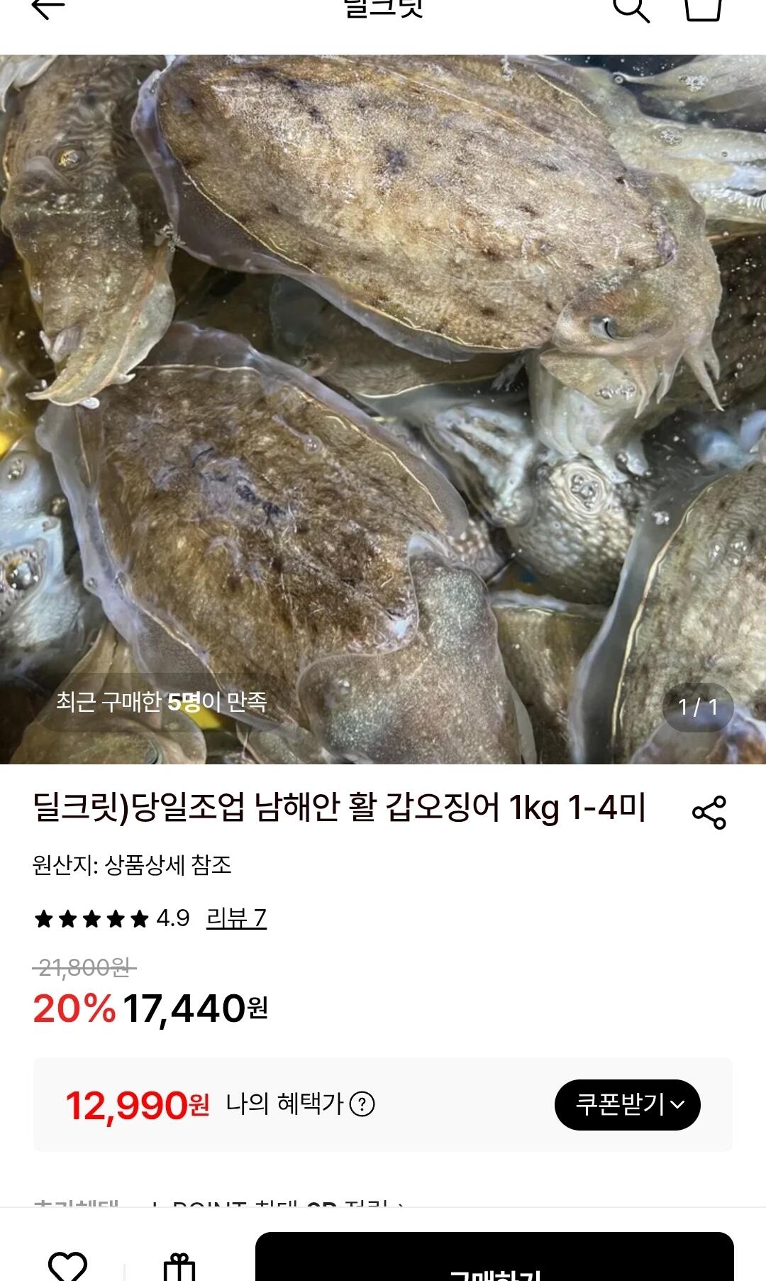 [롯데온] 남해안 활 갑오징어 1kg 1-4미 (12,990원) (무료)