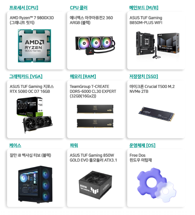 3687.png [지마켓] 9800X3D+5080 터프+32GB+2TB(디램O) ASUS 터프 완본체 (3,972,200원) (무료)