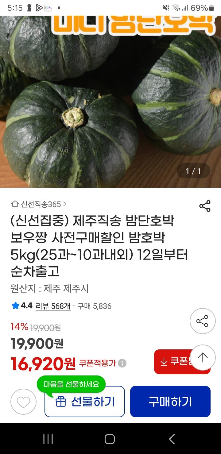[G마켓] 제주직송 밤단호박 보우짱 5kg (16,920원) (무료)