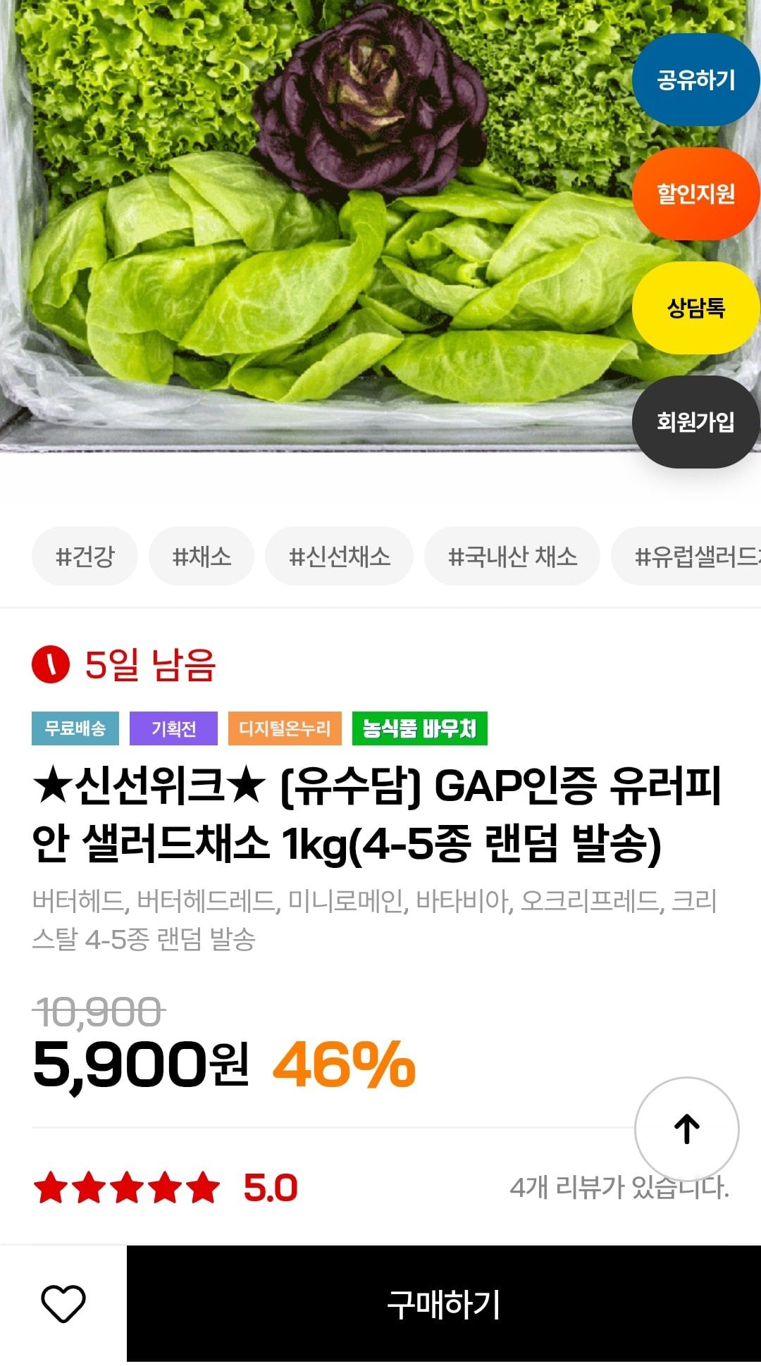 [인더마켓] 유러피안 샐러드채소 1kg(4-5종) (5,900원) (무료)