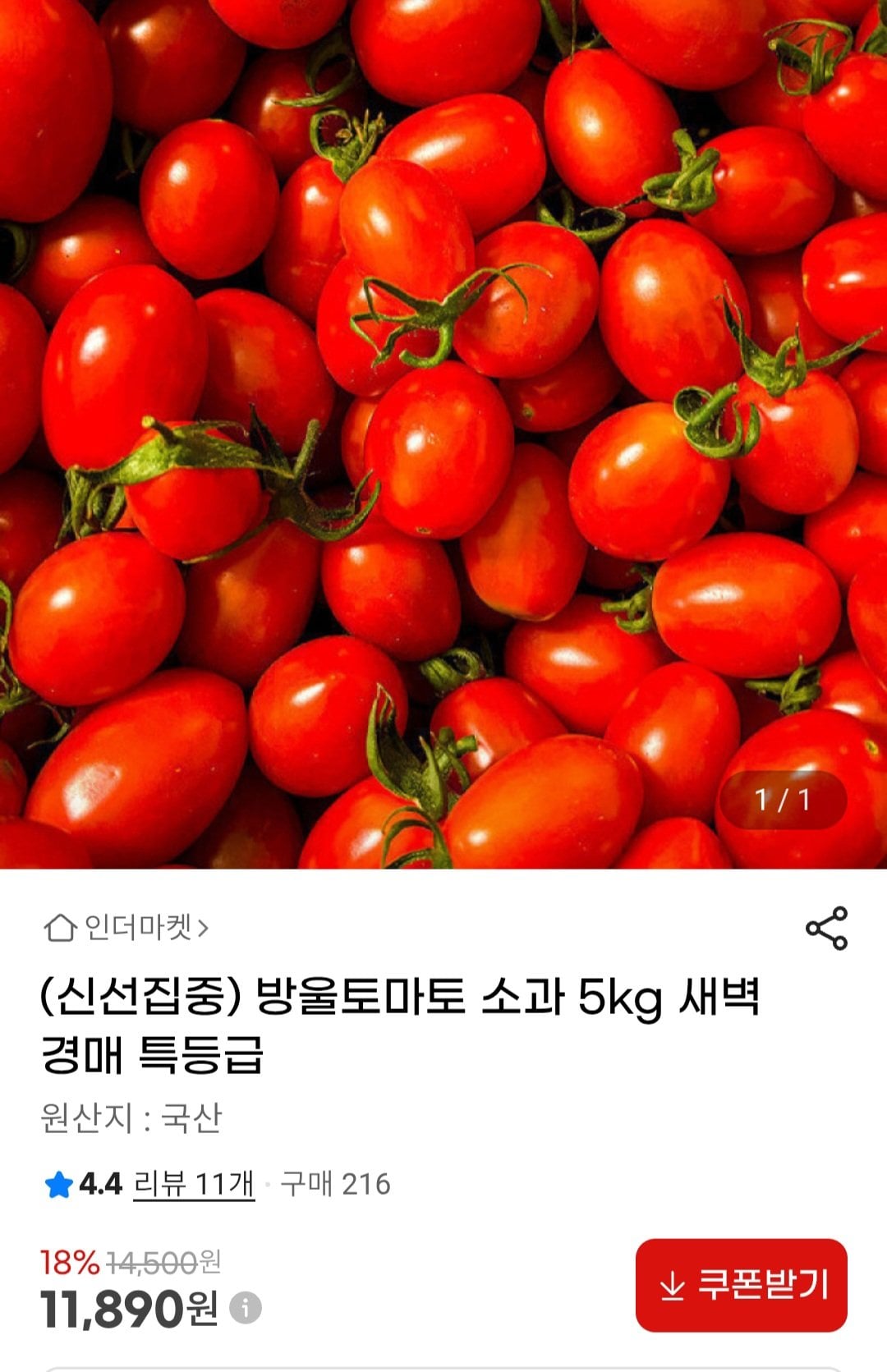 [지마켓] 방울토마토 소과 5kg (11,890원) (무료)