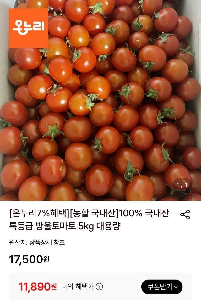 [Lotte On] Cà chua bi loại đặc biệt trong nước 5kg vừa và lớn (11.890 won) (miễn phí)
