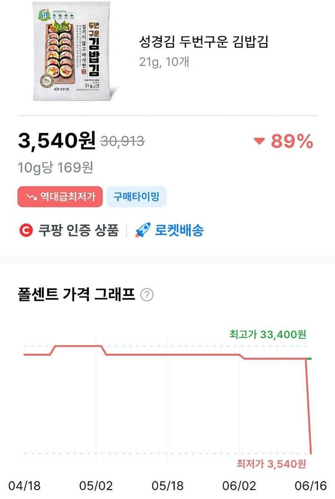 [Coupang] Seongseong Rong biển Gimbap rang hai lần Rong biển 21g (10 miếng) (3.540 KRW) (0 won)