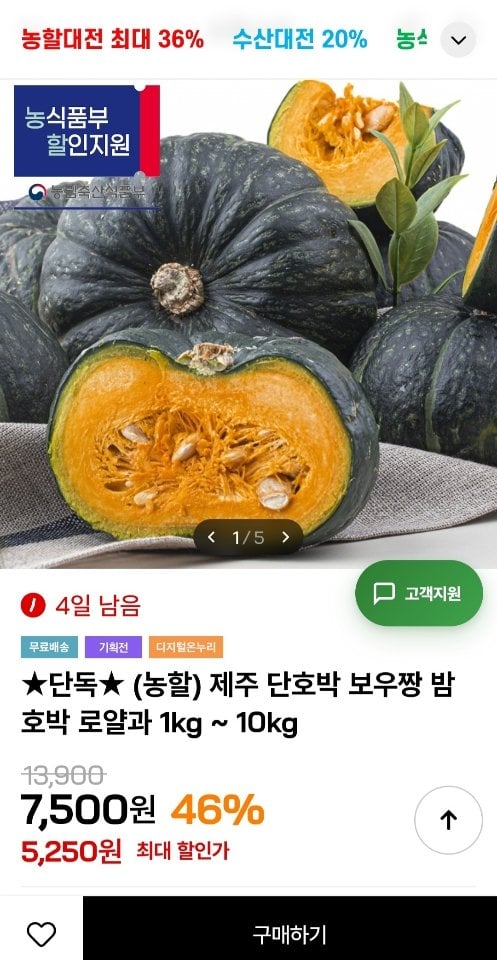 [인더마켓] 제주 단호박 보우짱 밤호박 로얄과 1kg (5,250원) (무료)