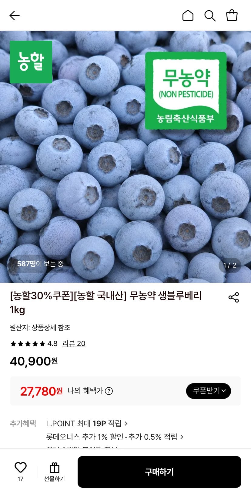 1782021497097.jpg [롯데온] 무농약 국내산 생 블루베리 1kg (27,780원) (무료)