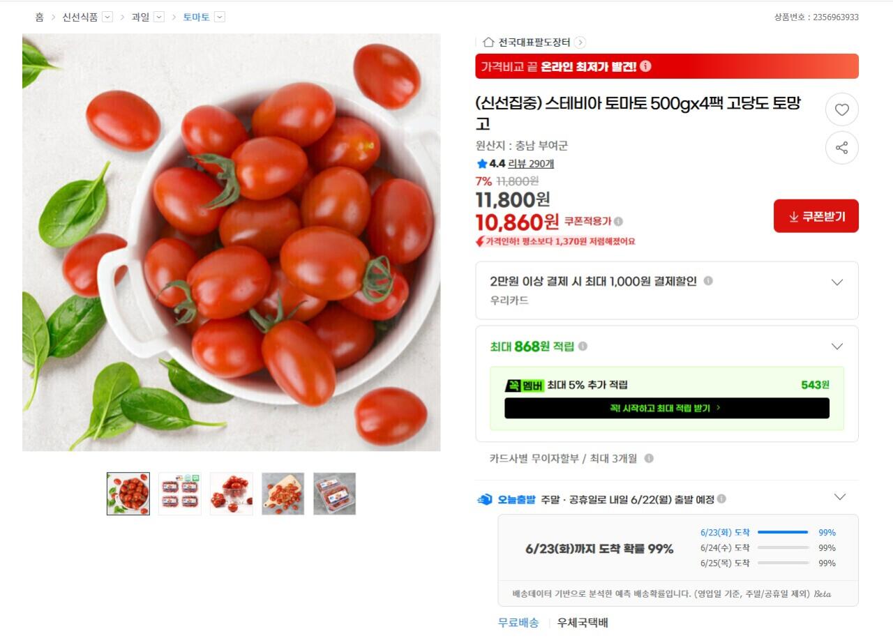 [G마켓] 스테비아 토마토 500g 4팩 (10,860원) (무료)