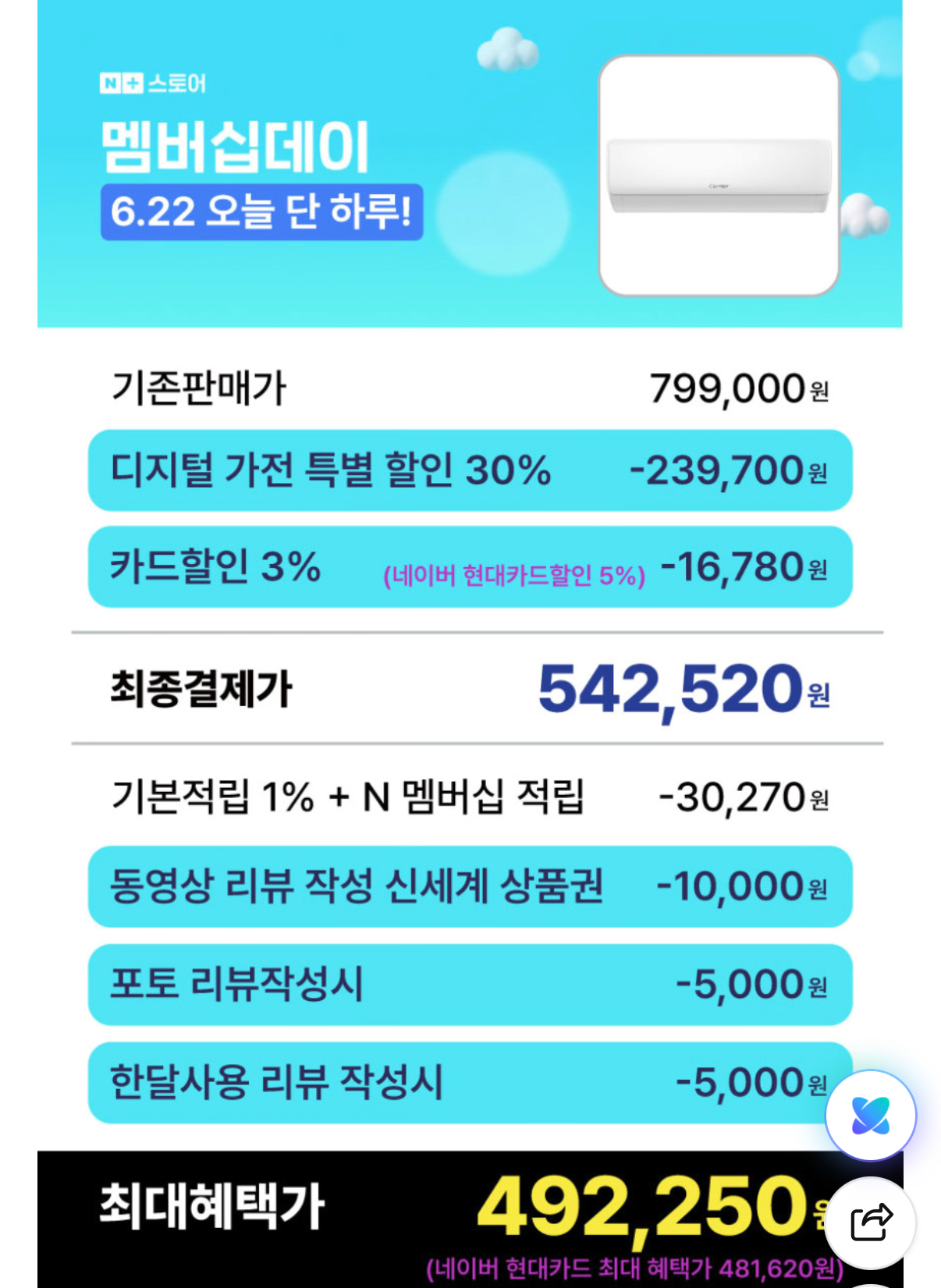 IMG_0166.png [Naver] Máy điều hòa treo tường Carrier, loại 1, 6 pyeong (542.520 KRW) (miễn phí)