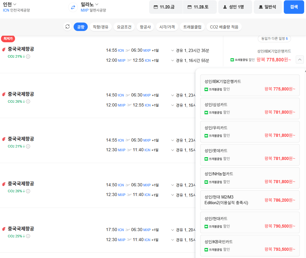 image.png [네이버항공권] 인천-밀라노 1120-1128 기업은행 (775,800원) (무료)