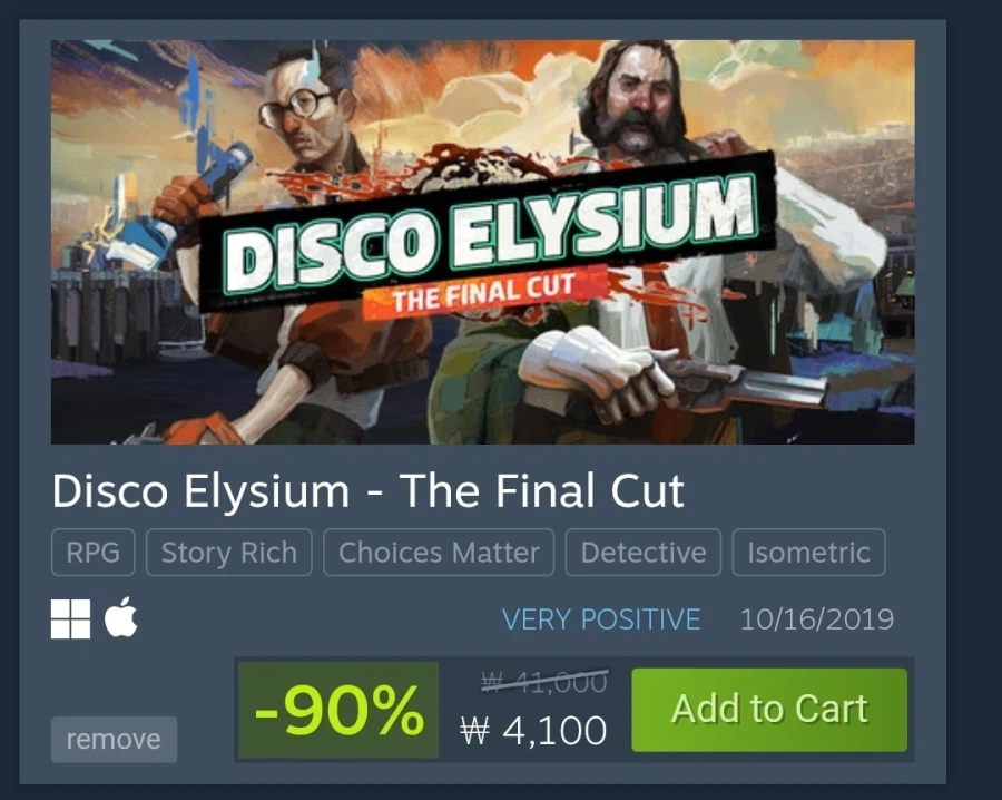 [Steam] Disco Elysium Final Cut Giảm 90% còn 4.100 won_1.webp