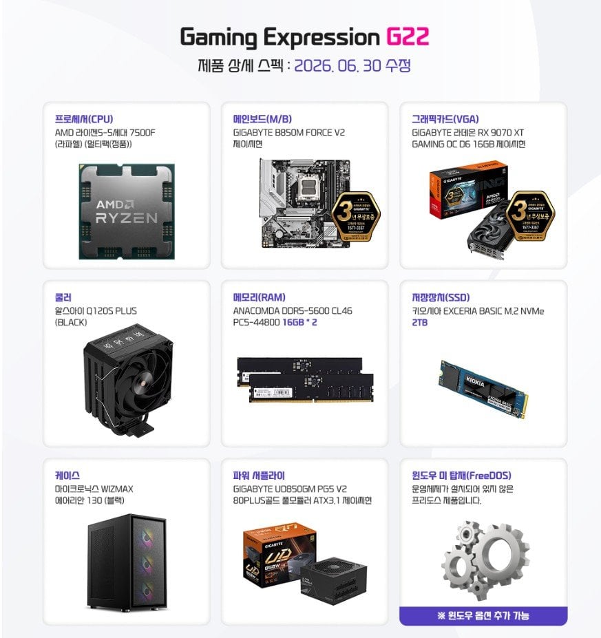 [11번가] 7500F + 9070XT + 32GB + 2TB 완본체 (카드2,316,400원) (무료)