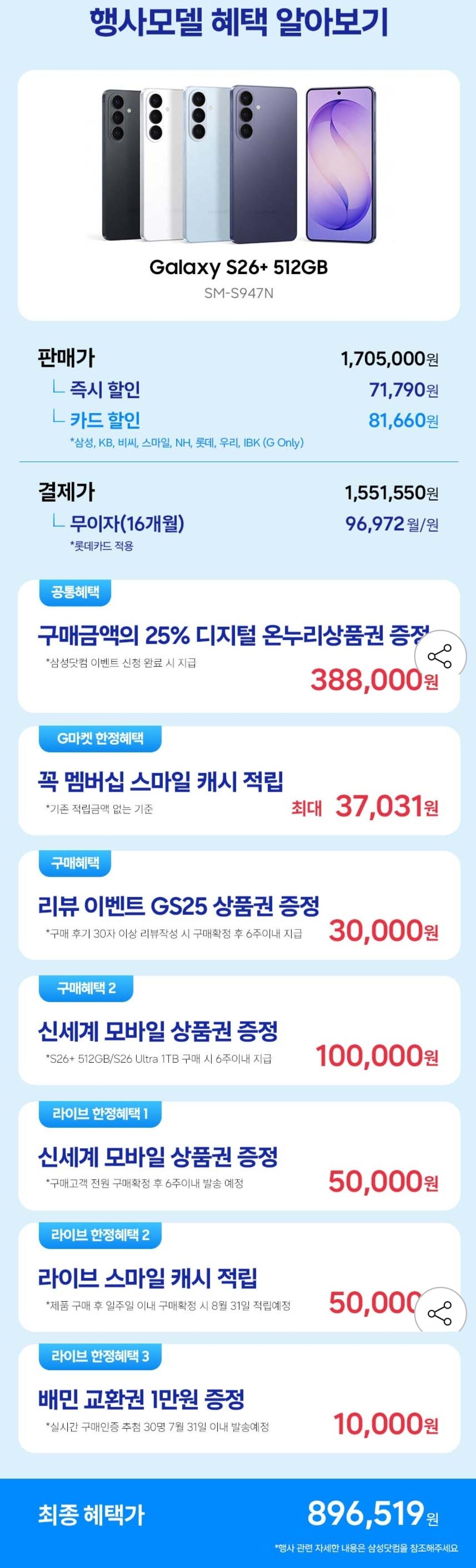 3908.jpg [지마켓] 갤럭시 S26플러스 512GB 자급제 SM-S947N (1,551,550원) (무료)