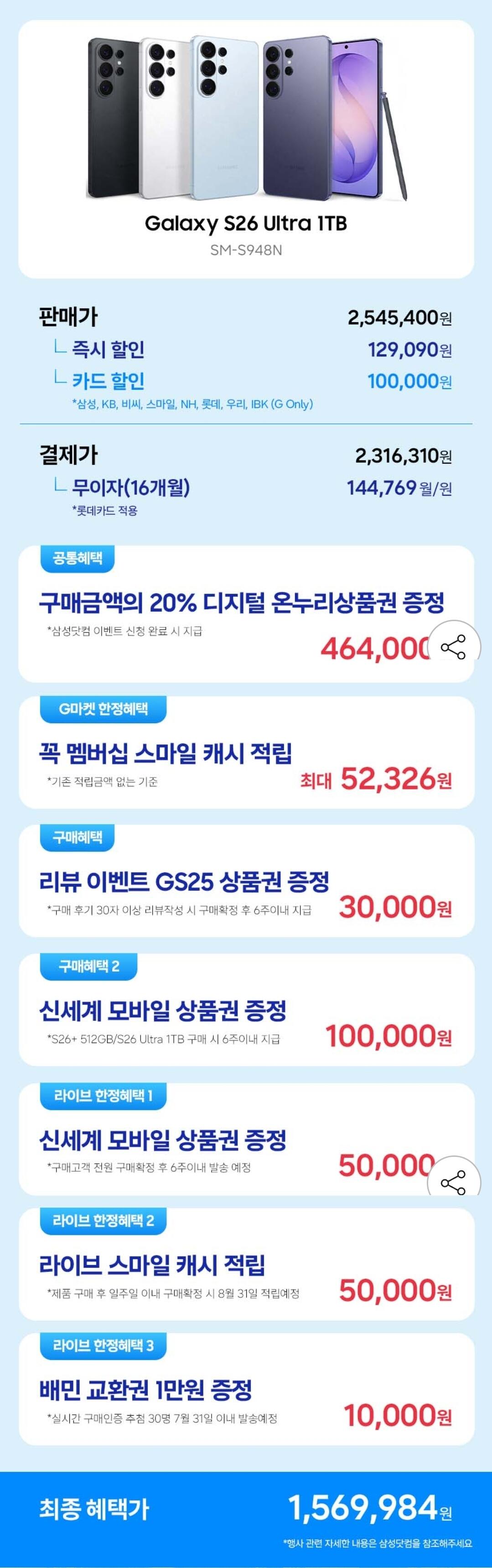 3916.jpg [지마켓] 갤럭시 S26울트라 1TB 자급제 SM-S948N (2,316,310원) (무료)