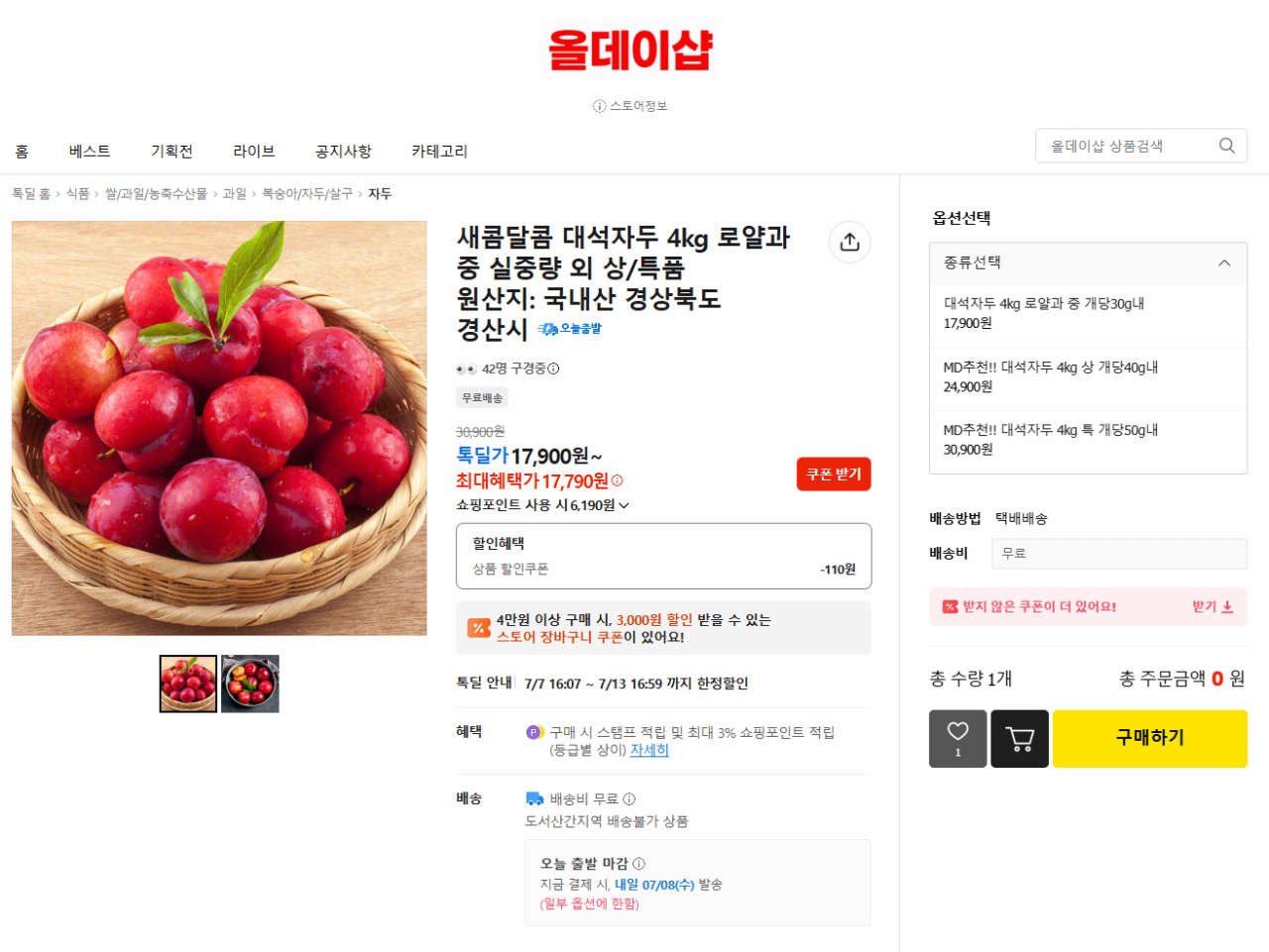 image.png [카카오] 새콤달콤 대석자두 4kg 로얄과 실중량 (17,790원) (무료배송)