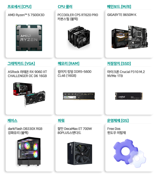 image.png [11번가] 7500X3D + RX9060XT_16G + 16G + 1TB 완본 (1,396,000원) (무료)