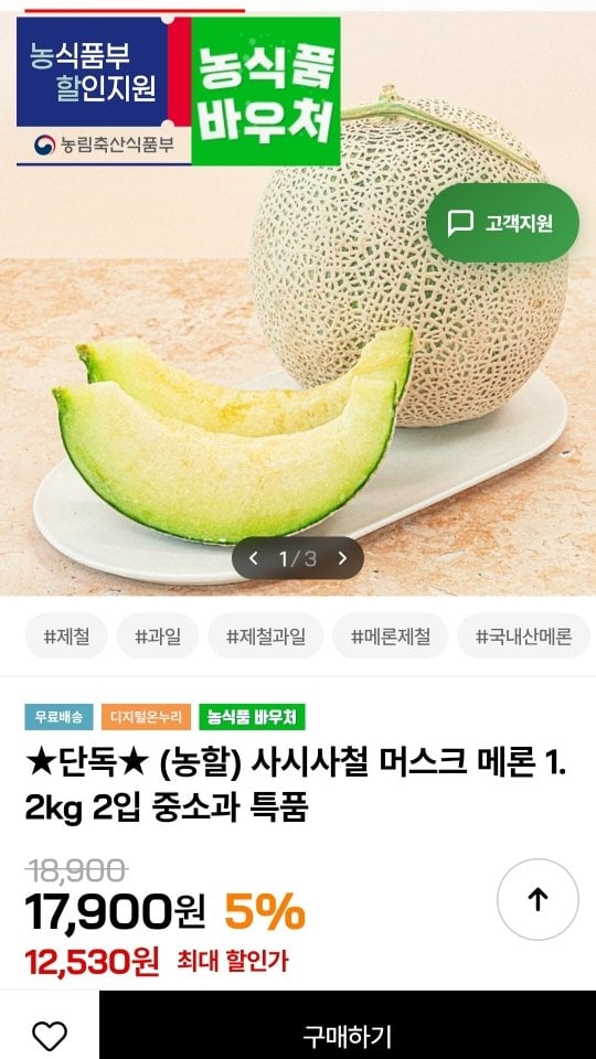 [인더마켓] 머스크 메론 1.2kg 중대과 2입 총3.2kg (12,530원) (무료)