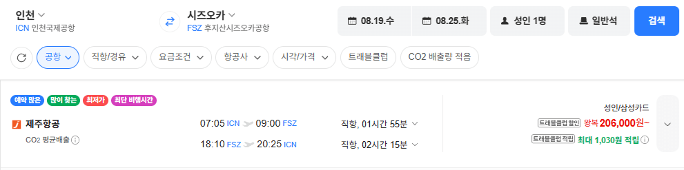 image.png [네이버항공권] 인천-시즈오카 0819-0825 삼성카드 (206,000원) (무료)