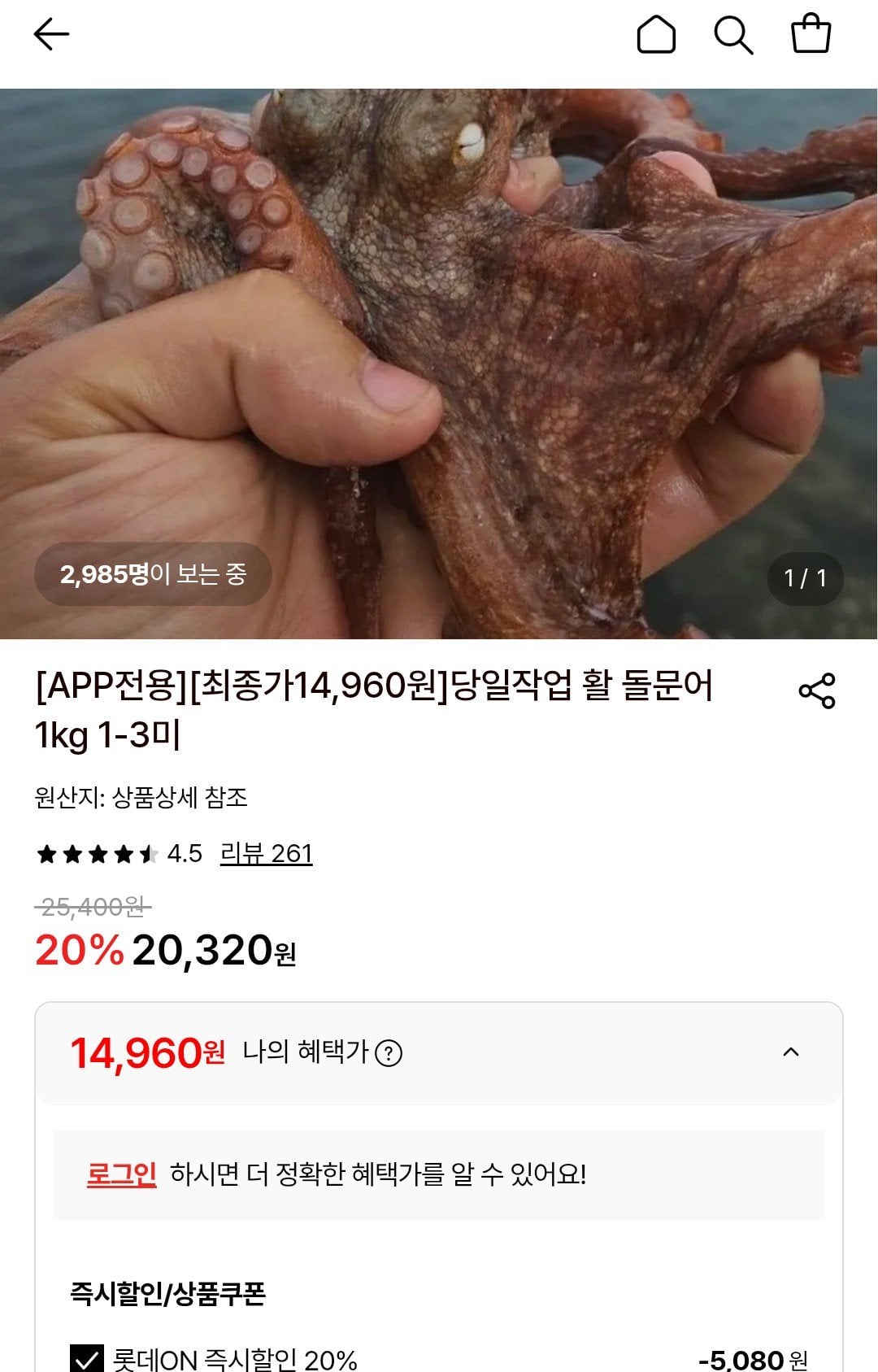 [롯데온] 당일작업 활 돌문어 1kg 1-3미 (14,960원) (무료)