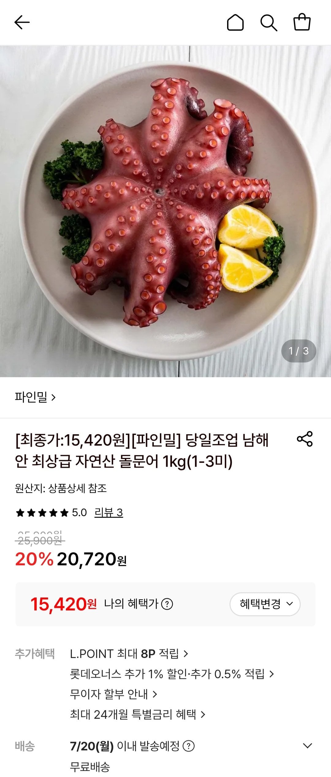 [롯데온] 당일조업 남해안 최상급 자연산 돌문어 1kg (15,420원) (무료)