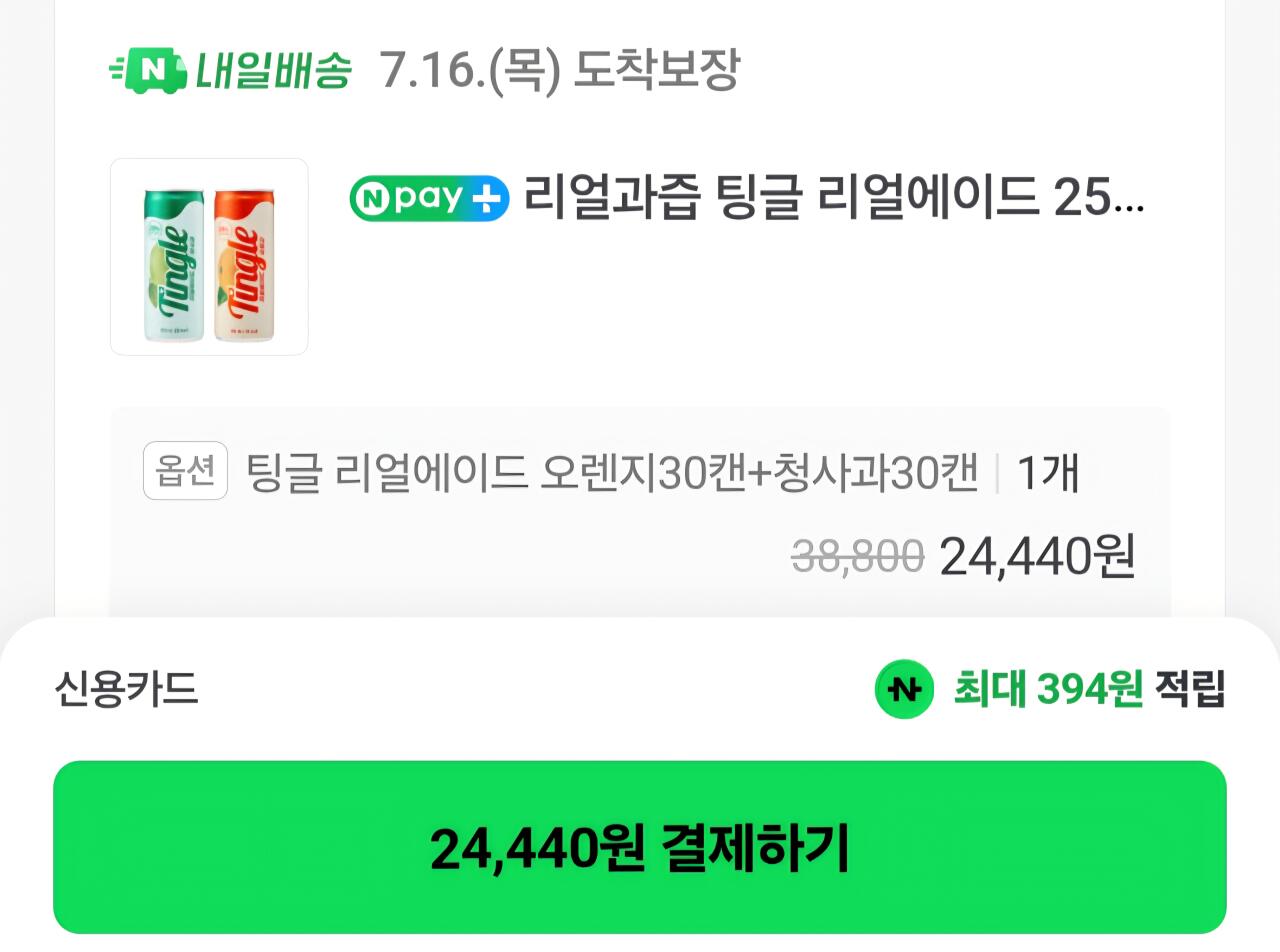 [네이버] 리얼과즙 팅글 리얼에이드 250ml X 60캔 오렌지 청사과 (네이버멤버십) (24,440원) (무료)