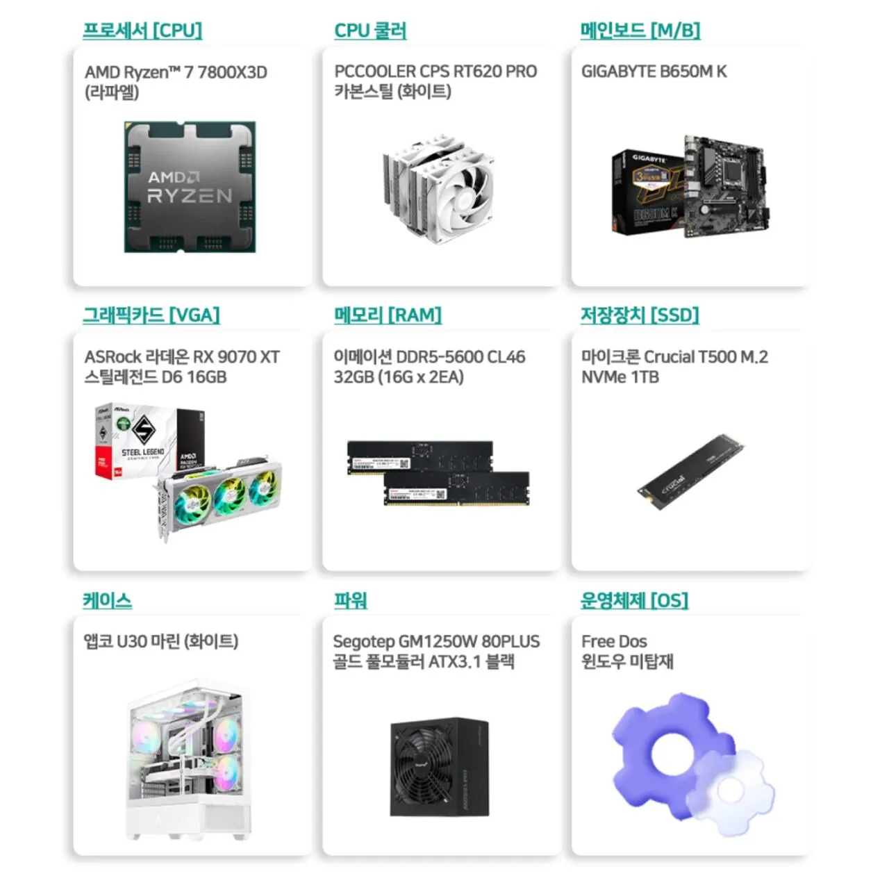 115245.jpg [11th Street] [Máy tính để bàn chơi game màu trắng] 7800X3D + 9070XT + DDR5 32GB + 1TB (TLC, DRAM o) (2.199.000 KRW) (Miễn phí)