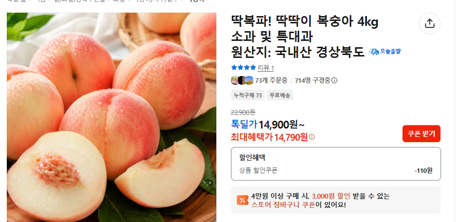[톡딜] 딱딱이 백도복숭아 4kg 소과