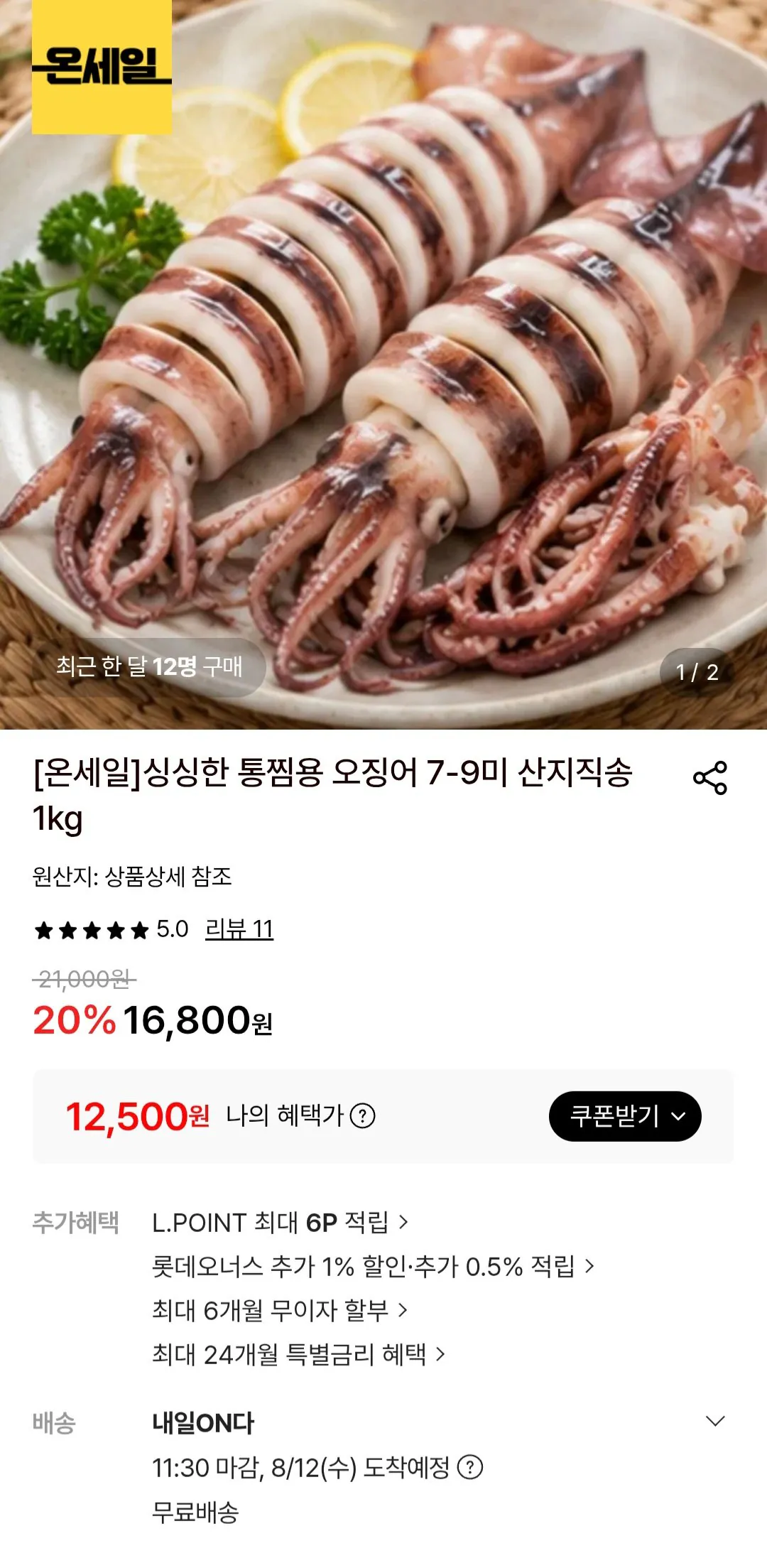 [Lotte On] Mực nguyên con để hấp 1kg (12.500 won) (miễn phí)