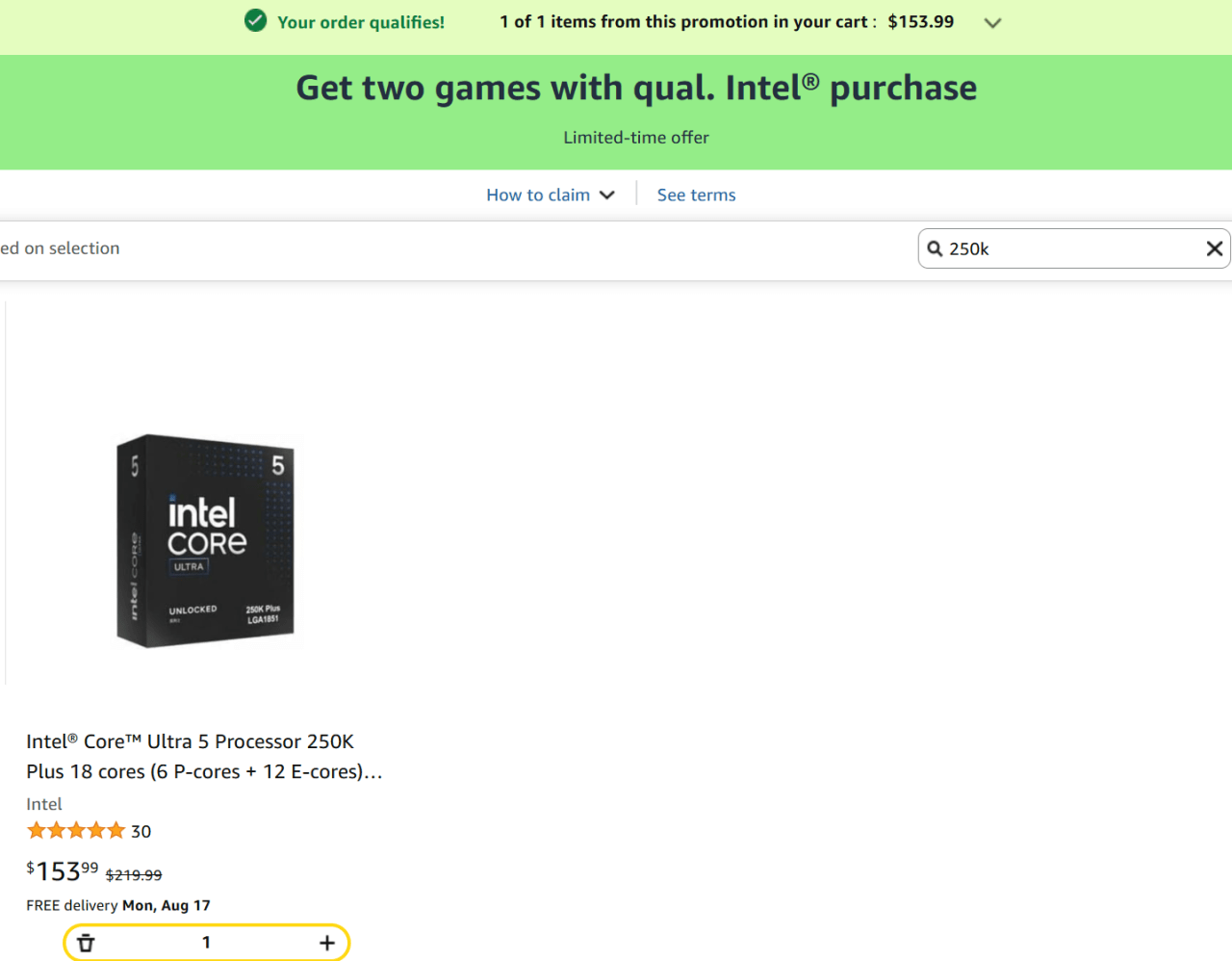 image.png [Amazon] Mua trực tiếp) CPU Intel 250K PLUS + 2 trò chơi (228.114 KRW) (Miễn phí)