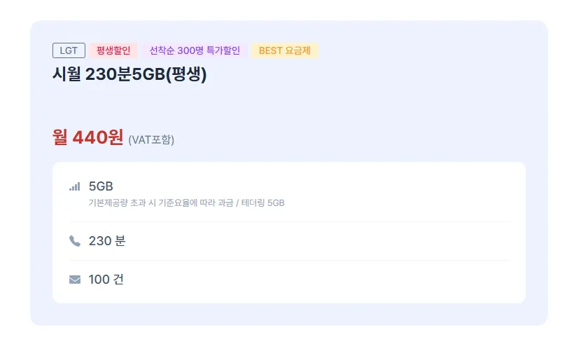 [시월 모바일] 알뜰폰 선착순 300명) 230분 5GB / 300분 5GB 평생요금제