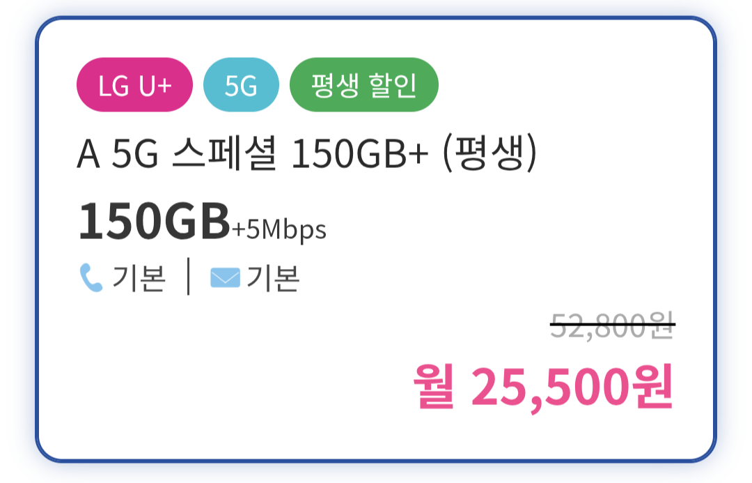 [에이모바일] 알뜰폰 평생 5G 150GB+5명박 LG망