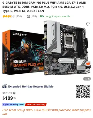 [뉴에그] 기가바이트 B650M GAMING PLUS WIFI + 팀그룹 DDR5 16GB RGB Kit