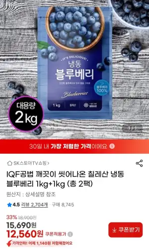 IQF공법 칠레산 냉동블루베리 1kg+1kg 총2팩